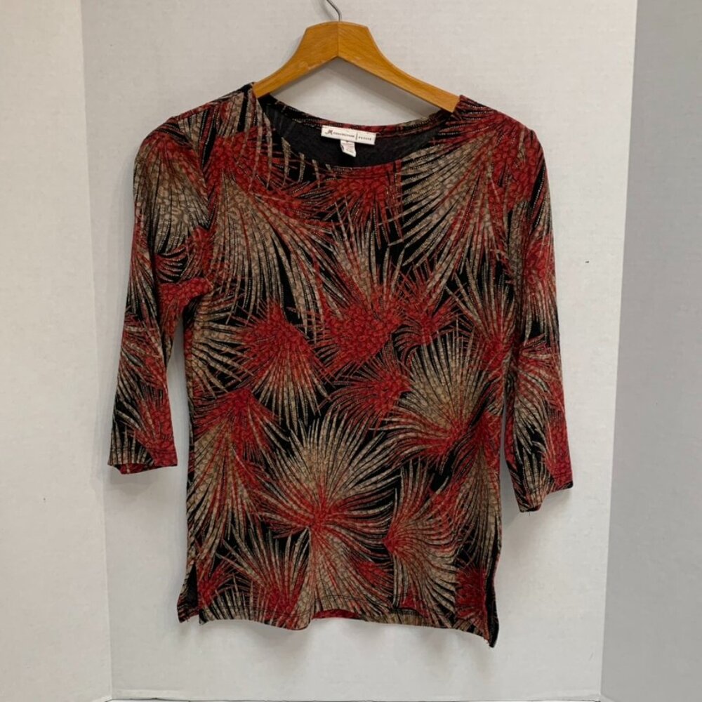 JM Collection Womens Medium Petite Red Gold and Black Fireworks Print Top
